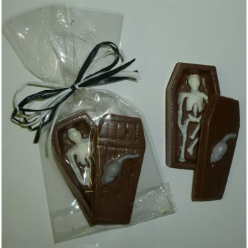 Chocolate Skeleton in Coffin in Cello Bag with Raffia Bow