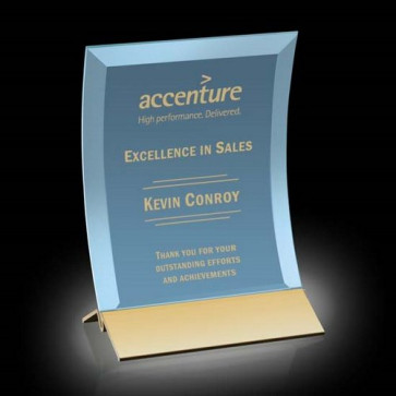 Dominga Award - Blue Tinted Glass with Gold 4 in x6 in