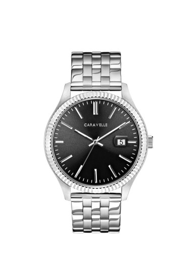 Caravelle Mens Coin Edge Bracelet Dress Watch Black Dial with Date Marker