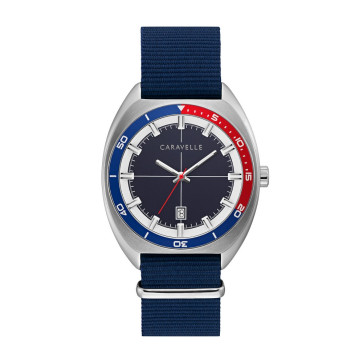Caravelle Mens Retro Sport Watch with NATO Strap, Navy and Red Bezel