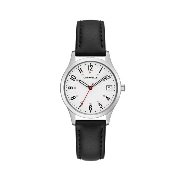 Caravelle Ladies Black Leather Strap Watch with White Dial and Date Marker