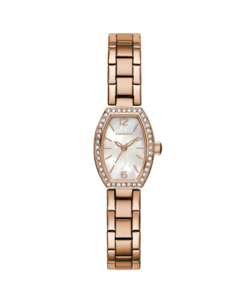 Caravelle Ladies Rose Gold Tone Stainless Steel Crystal Accent Watch with Tonneau Mother-of-Pearl Dial