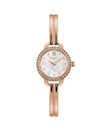 Caravelle Ladies Rose Gold Tone Stainless Steel Bangle Watch with Mother-of-Pearl Dial and Crystal Bezel
