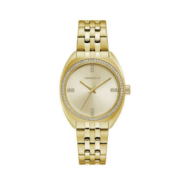Caravelle Ladies Retro Gold Tone Stainless Steel Bracelet Watch with Crystal Bezel and Dial Accents