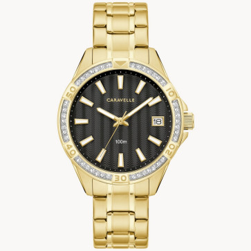 Caravelle Ladies' Aqualuxx Crystal Watch, Gold tone with Black Dial