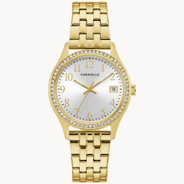 Caravelle Ladies boxed set with Gold tone watch with silver white dial and bracelet