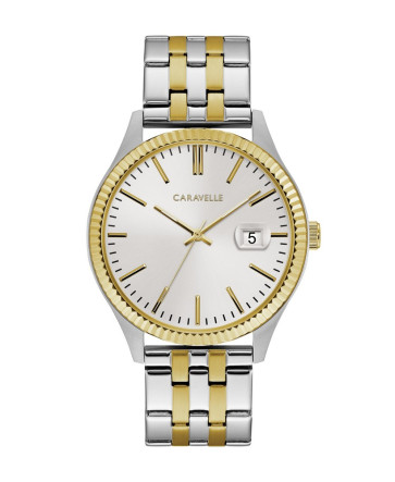 Caravelle Mens Two Tone Stainless Steel Watch with Coin Edge Bezel, Gold Accents and Date Marker