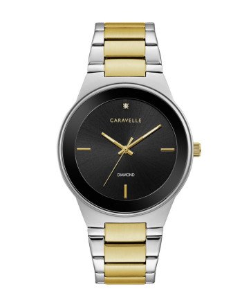 Caravelle Mens Modern Diamond Bracelet Watch Two Tone Stainless Steel with Black Dial