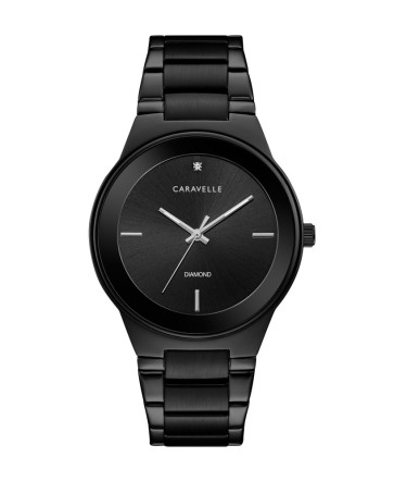 Caravelle Mens Modern Diamond Bracelet Watch Black Stainless Steel with Black Dial