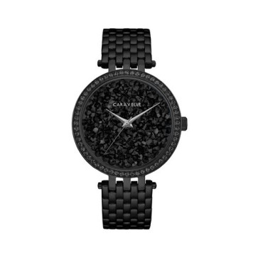 Caravelle Ladies Black Rock Crystal Dial Watch with Black Stainless Steel Bracelet