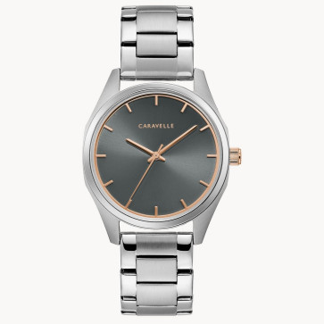 Caravelle Ladies Silver Bracelet with Gray Dial and Rose Gold Details