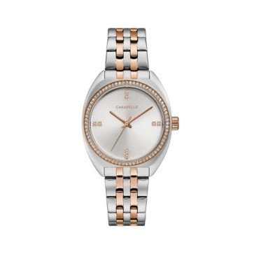 Caravelle Ladies Retro Two Tone Rose and Silver Stainless Steel Bracelet Watch with Crystal Bezel