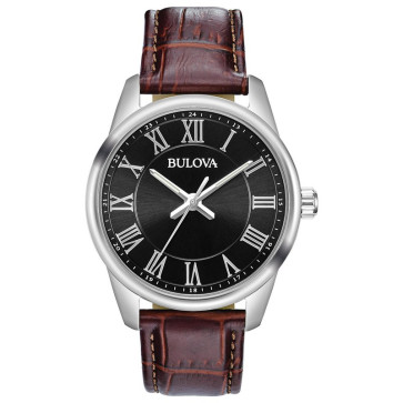 Bulova Watches Mens Brown Leather Strap Watch with Black Dial