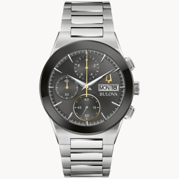 Bulova Watches Men's Modern Millennia Silver-Tone Stainless Steel Bracelet Watch Black dial