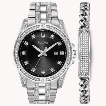 Bulova Watches Bulova Men's Silver Tone Crystal Watch and ID Bracelet Boxed Set