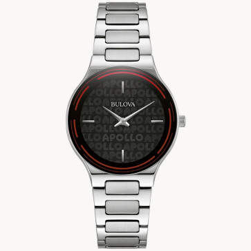 Bulova Watches Ladies Apollo Silver-Tone Stainless Steel Bracelet Watch Black dial