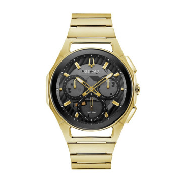 Bulova Watches Mens CURV Chronograph Gold Bracelet and Black Dial