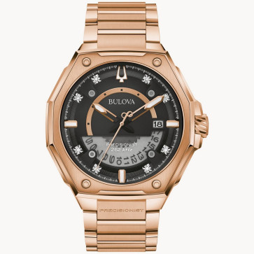 Bulova Watches Men's Precisionist X Rose Gold-Tone Stainless Steel Bracelet Watch Black dial