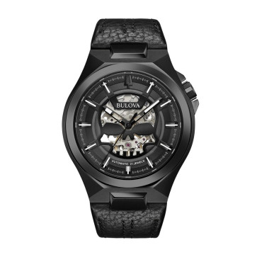 Bulova Watches Mens Classic Maquina Leather Strap Skull Dial Black Details Automatic