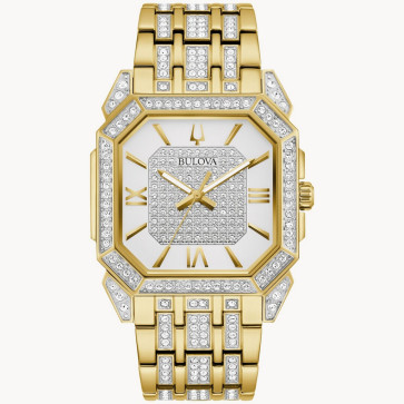 Bulova Watches Men's Crystal Octava Gold-Tone Stainless Steel Bracelet Watch Silver-Tone dial