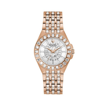 Bulova Watches Ladies Crystal Phantom Baguette Rose Gold Bracelet