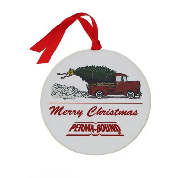 Round Brass Ornament with Full Color Truck with A Tree