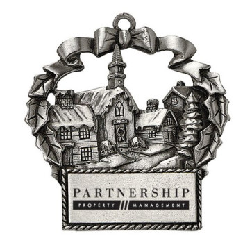 Pewter Finish Village Winter Scene Ornament