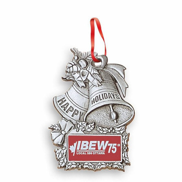 Solid Pewter 3D Happy Holiday Bells Christmas Ornament with Imprint