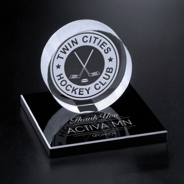 Hockey Puck Paperweight on Black Glass Base