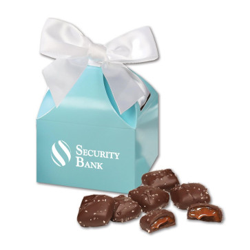 Chocolate Sea Salt Caramels in Robin's Egg Blue Gift Box with Imprint