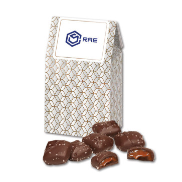 Chocolate Sea Salt Caramels in Silver & Gold Geometric Gable Top Gift Bo