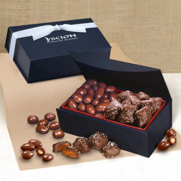 Chocolate Covered Almonds and Chocolate Sea Salt Caramels in Navy Box