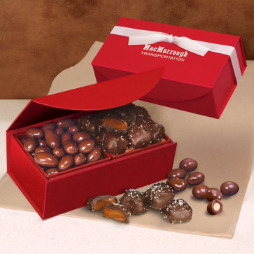 Chocolate Covered Almonds and Chocolate Sea Salt Caramels in Red Magneti