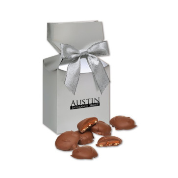 Pecan Turtles in Silver Metallic Gift Box with Black Foil-Stamp