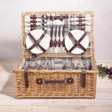 Newbury Picnic Basket - Navy Blue & Burgundy Plaid Pattern