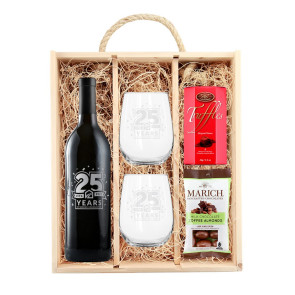 Rustic Laser Engraved Wood Box with Etched Wine, Etched Glasses & Chocolates