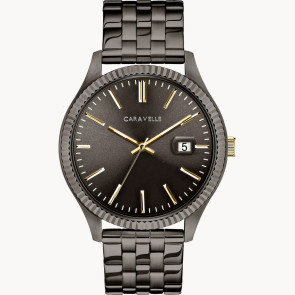 Caravelle Men's Tw Gunmetal Stainless Steel Watch with Coin Edge Bezel, Gold Accents and Date Marker
