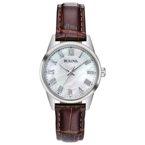 Bulova Watches Ladies Brown Leather Strap Watch with Mother of Pearl Dial