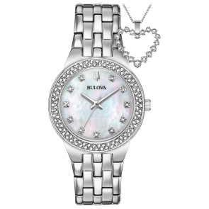 Bulova Watches Bulova Ladies' Crystal Box Set Silver Tone with Heart Necklace