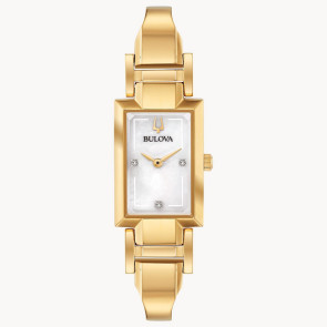 Bulova Watches Bulova Ladies' Gold Tone Tank Cuff Watch with Diamond Accent and White Mother of Pearl Dial