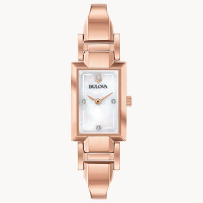 Bulova Watches Bulova Ladies' Rose Gold Tone Tank Cuff Watch with Diamond Accent and White Mother of Pearl Dial