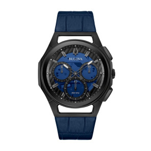 Bulova Watches Mens CURV Chronograph Blue Leather Strap and Dial