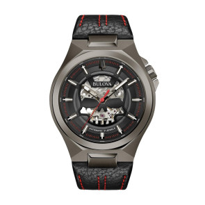 Bulova Watches Mens Classic Maquina Leather Strap Skull Dial Red Details Automatic