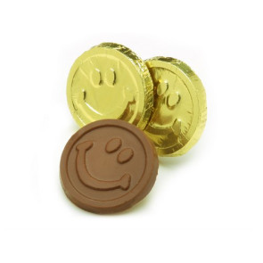 Milk Chocolate Smile Face Coins wrapped in Gold Foil -Stock - CASE PRICE