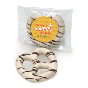 White Chocolate Dipped Pretzel Gourmet Snack Pack Decorated with Company Custom Logo Label