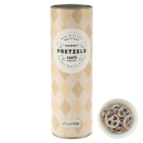 8" Gift Tube with Chocolate Pretzels - White Chocolate Pretzels with Rai