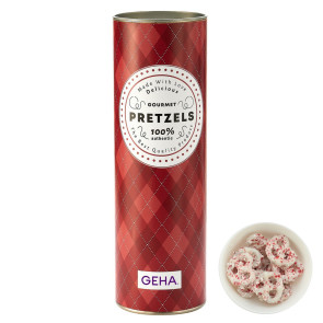 8" Gift Tube with Chocolate Pretzels - White Chocolate Pretzels with Cru