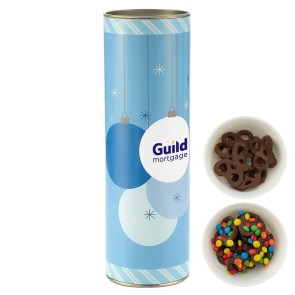 8" Gift Tube w/ Chocolate Pretzels- Milk Chocolate Pretzels w/ Mini M&M'