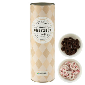 8" Gift Tube w/ Chocolate Pretzels- White Choc. Pretzels w/ Peppermint &