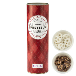 8" Gift Tube w/ Chocolate Pretzels- Milk Chocolate Pretzels w/ Crushed T